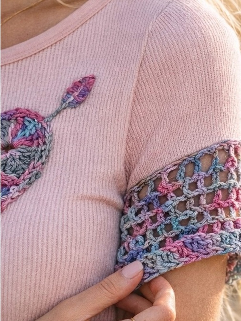 Up-Cycled Old Navy Pink Ribbed Tee | “Luna Papillon Handmade” Heart Crochet Tee - Picture 8 of 9